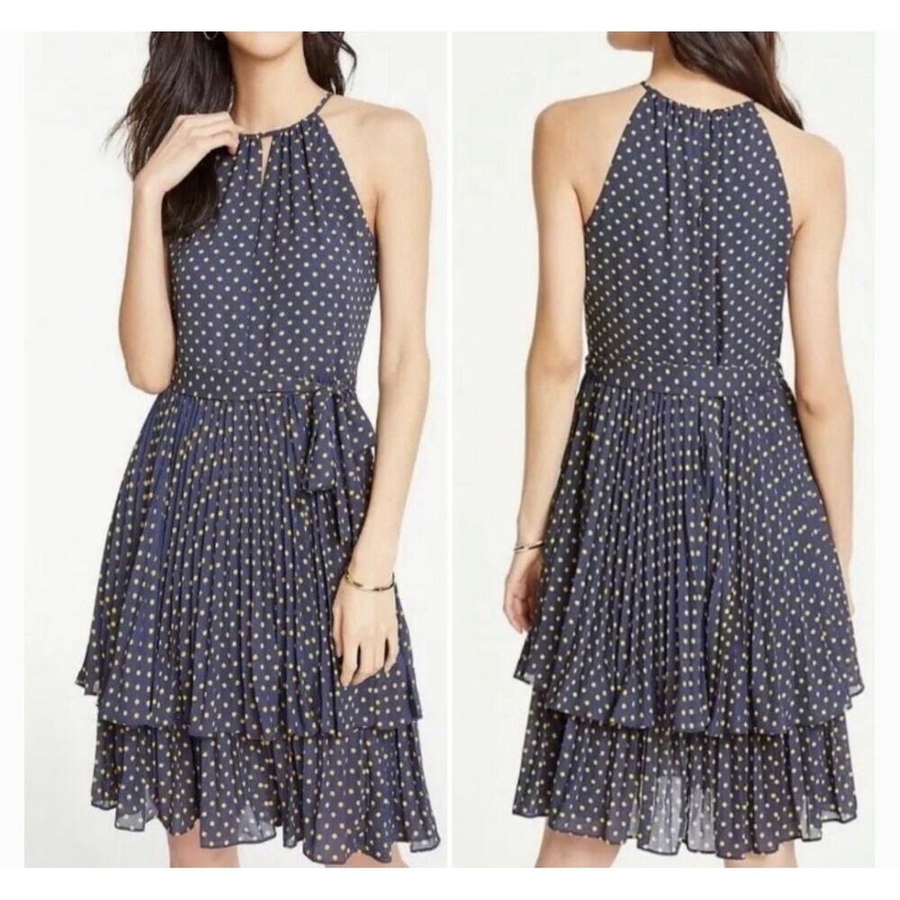 Ann Taylor Halter Neck Polka Dot Tiered Ruffle Pleated Dresss Blue Gold Size 0